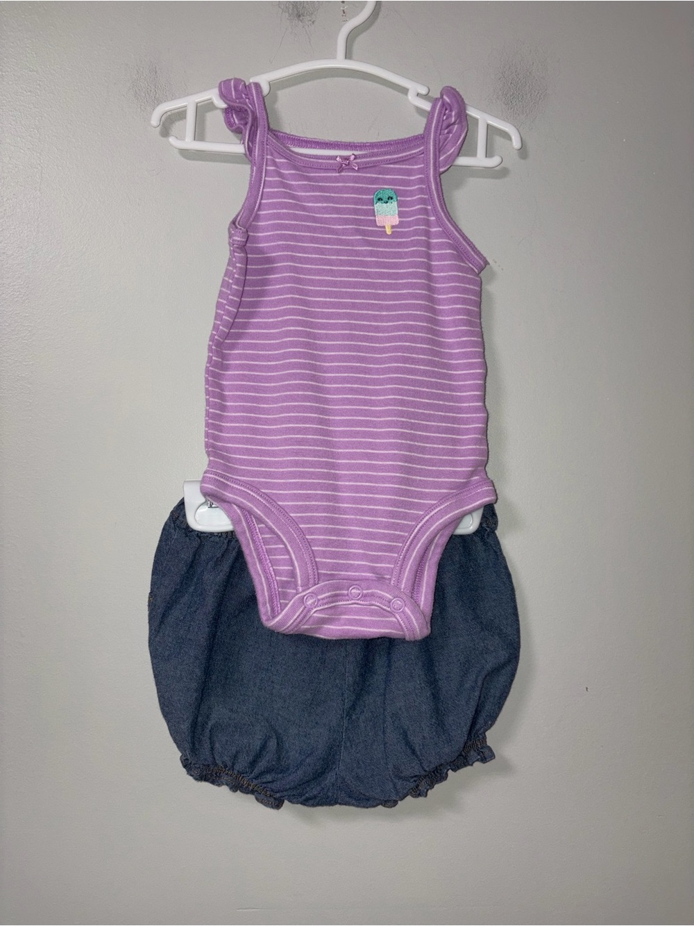 Carters Purple Striped Tank Body Suit Popsicle Embroidery & Shorts Set 6M